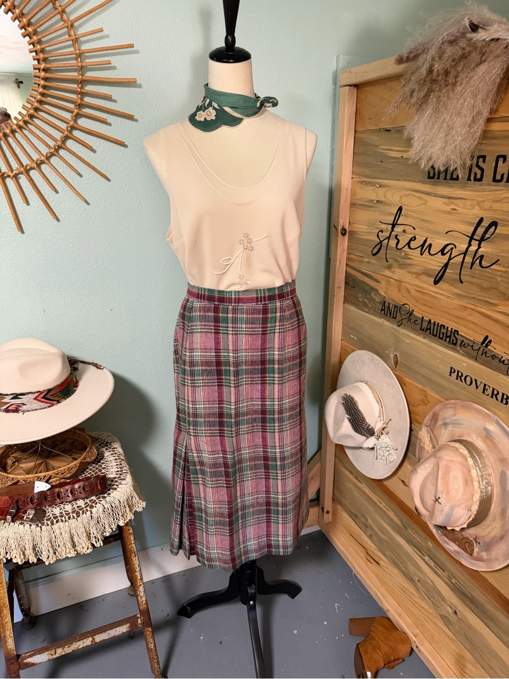 Plaid Midi Skirt in Pink and Green